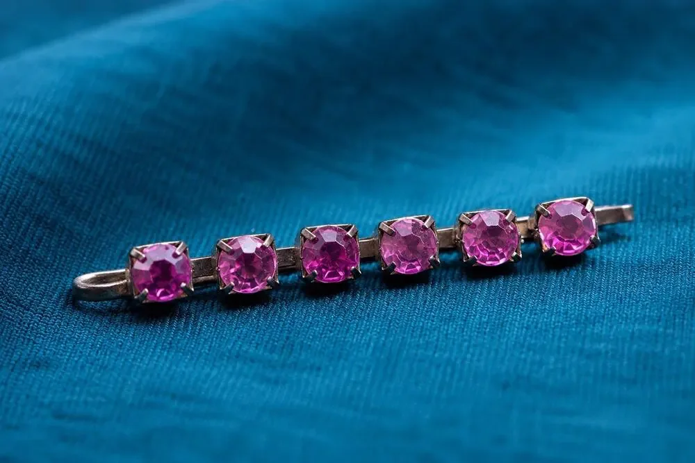 Vtg Pink Purple Rhinestone Bar Pin Hair Clip Czech Glass Silver Tone Prong Set